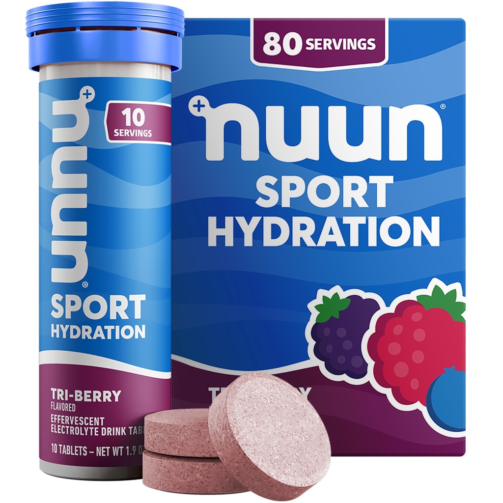 Nuun Sport Electrolyte Tabletter med magnesium, kalsium, kalium, klorid og natrium, Glutenfri & Vegan, Tri-Berry, 8 Pack (80 Serverer totalt)
