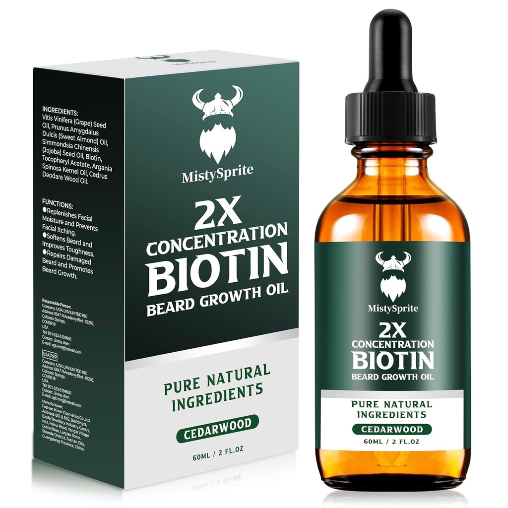 Beard Growth Oil - 2X Konsentrasjon Biotin Beard Oil for menn (2 oz) - Naturlig Mens Beard Oil med Argan olje, Jojoba olje og vitamin, Beard Growth Softener, Moisturizer (Cedarwood)