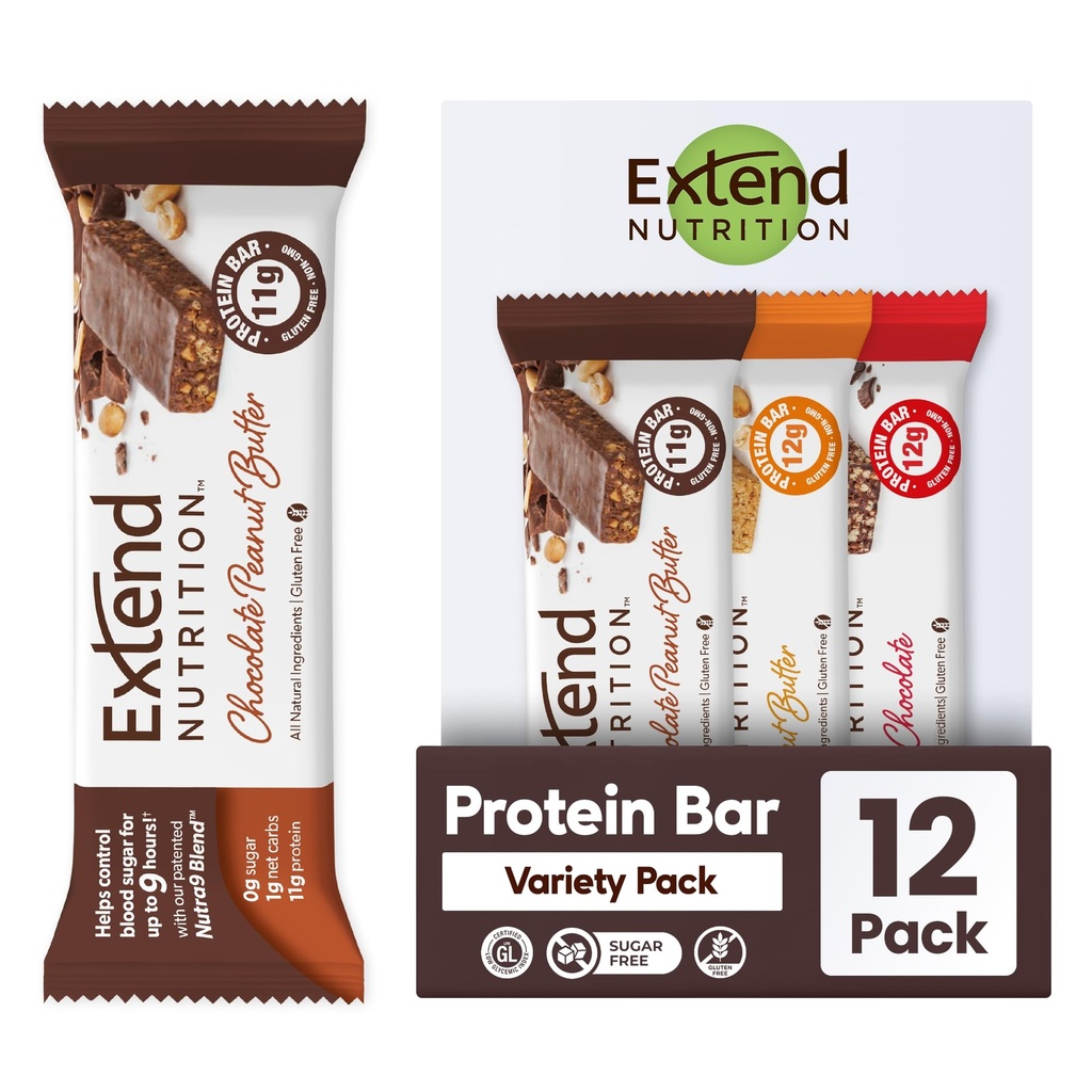 Forleng sukkerfri proteinbarer, perfekte diabetiske snacks, høy protein og fiber, sultekontroll og stabil energi, lav carb, ketovennlig (12 greve, variasjonspakke)