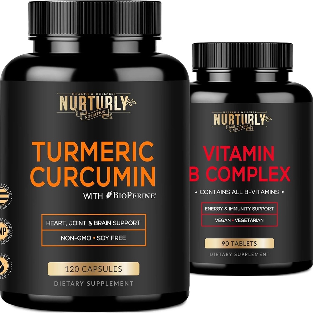 Vitamin B-kompleks og gurkemeie curcumin - inneholder alle essensielle B-vitaminer - B1, B2, B3, B5, B6, B7, B9, B12 og Biotin - høy absorpsjon Turmeriske kosttilskudd 1300mg for felles, Heart Helse