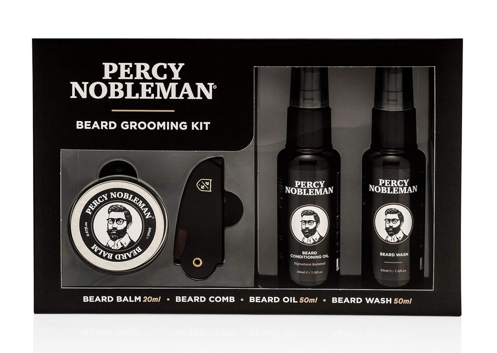 Percy Nobleman Beard Grooming Kit - Signatur Scented Beard Oil 50ml, Vaske 50ml, Balm 20ml & Comb