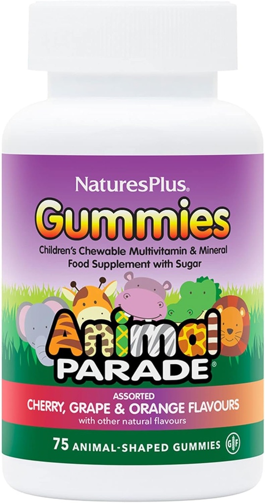 NaturesPlus Animal Parade Kilde til livet Gummies - Naturlig oransje, grape og Cherry Flavors - 75 Animal Shaped Gummies - Hele maten Kids Multivitamin - Glutenfri - 37 Serveringer