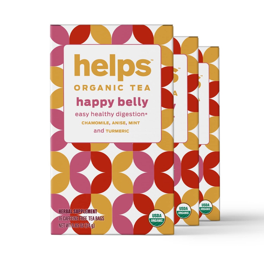 HELPS TEAS | Hjelper Happy Belly Te | Organic Herbal Te Med Grønn Anise, Kamille, Mint og Turmeric | 16 Teposer - Pakke med 3 |