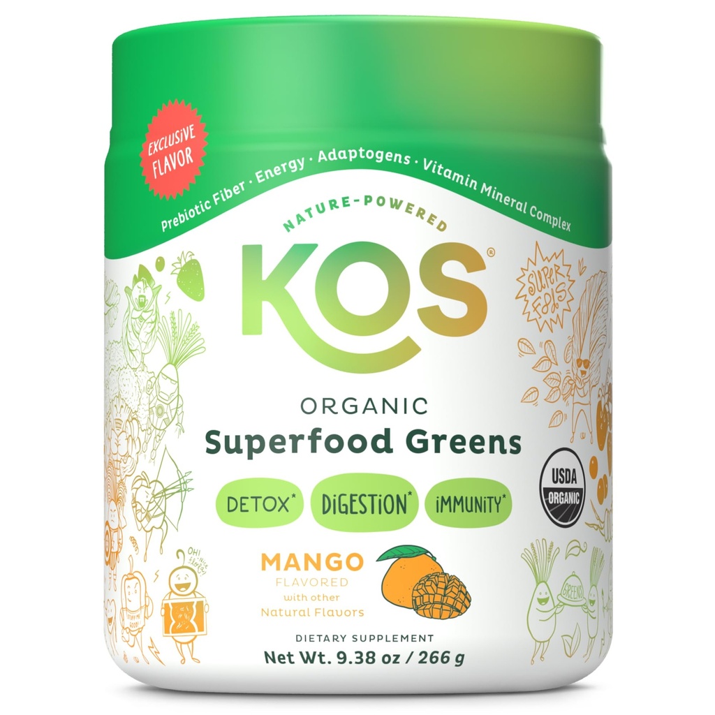 KOS Organic Superfood Greens pulver - Gut helse fra prebiotiske fiber, supergrønn og adaptogener - USDA sertifisert økologisk, laget i en GMP-sertifisert fasilitet - 28 Serverer Mango