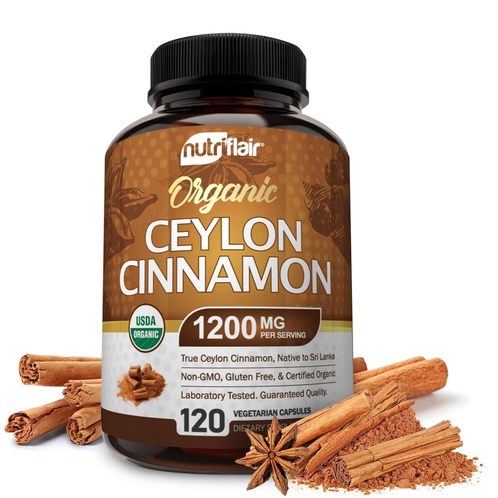 NutriFlair organisk ceylon kanel Supplement 1200 mg, 120 kapsler - USDA sertifisert - Ikke-GMO, Glutenfri pulver, antioksidant piller