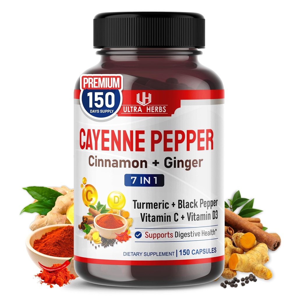 Cayenne Pepper 7 i 1 - - med Ginger, Turmeric, kanel, svart pepper - fremmer Digestive Systemfunksjon (150-dagers forsyning (pakke med 1))