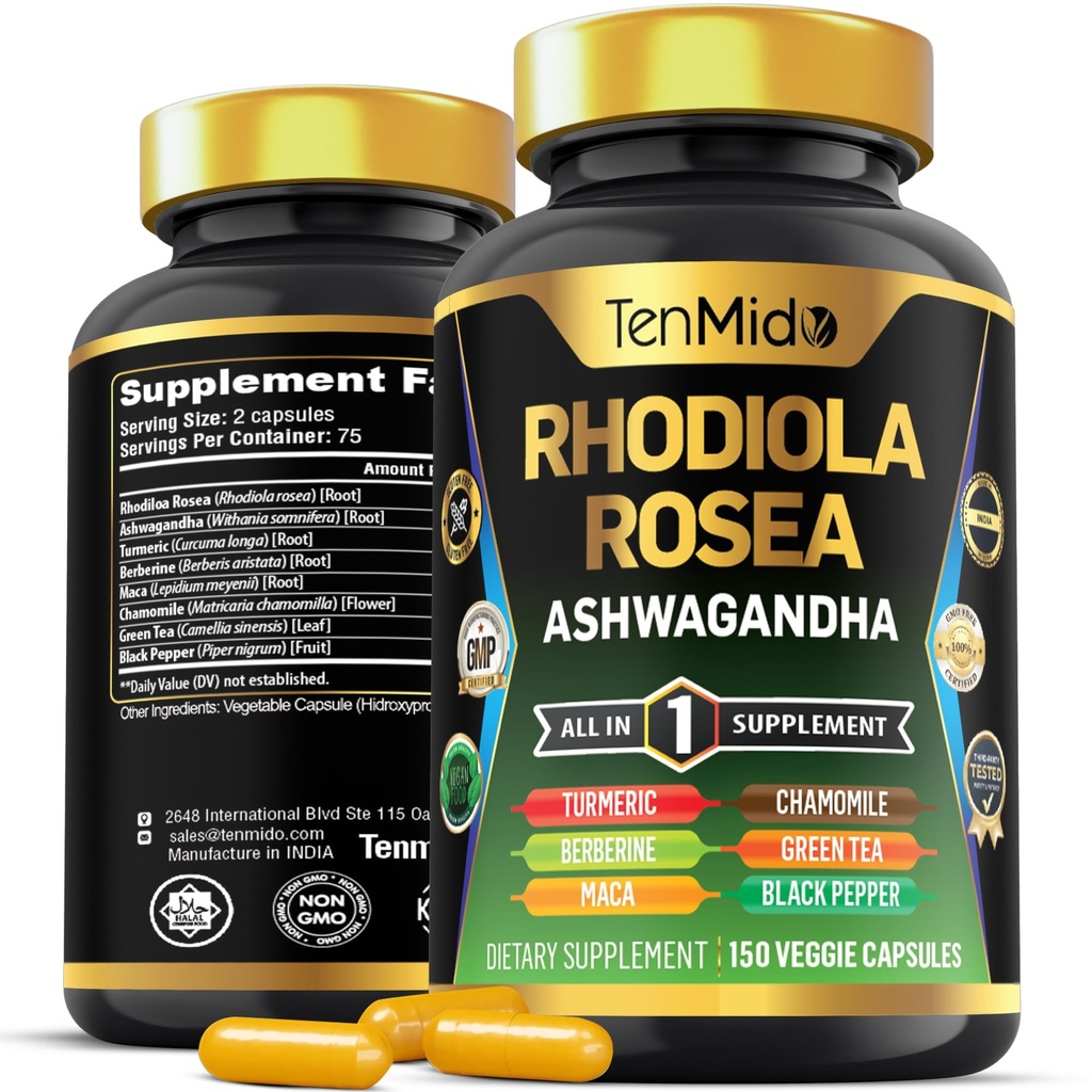 Rhodiola Rosea Supplement - 8in1 Formula - Kombinere med Ashwagandha, Turmeric, Berberine, Maca, Kamille, Grønn Te og Svart Pepper - Næringsrik - 150 Vegan Capsules