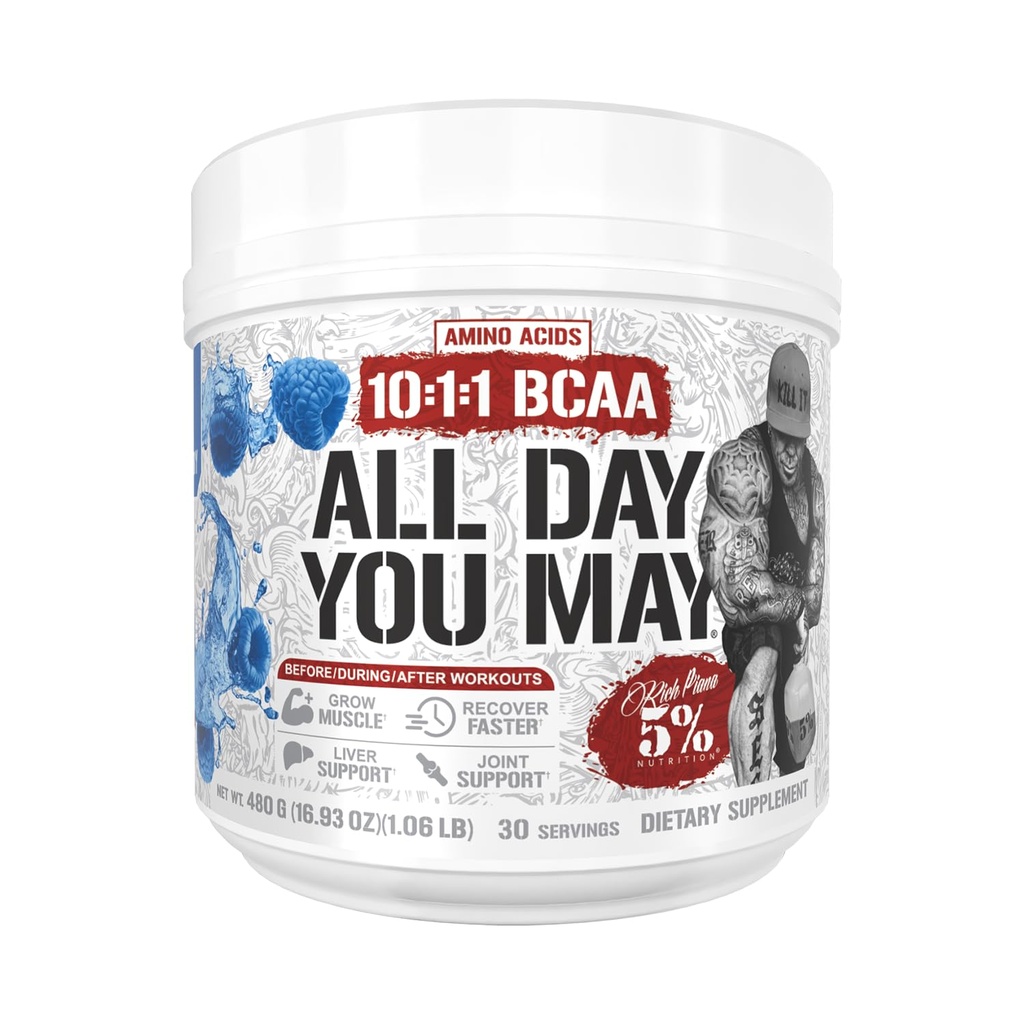 5% Ernæring Rich Piana allDayYouMay BCAA pulver | Premium Intra & Post Trening Aminosyrer, EAA, Electrolytes | Hydration, utholdenhet, utvinning | Vegan & Keto | 16,4 oz, 30 Srvgs (blå bringebær)