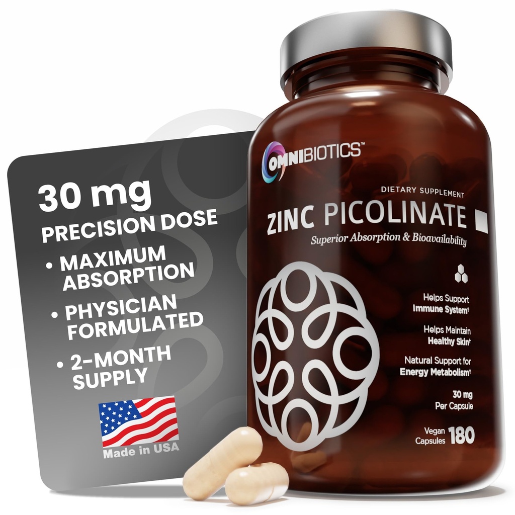 OmniBiotics Sink Picolinat 30mg Supplement – høy absorpsjon sink for immunsystem, sunn hud og energi støtte – 180 Vegan Kapsler