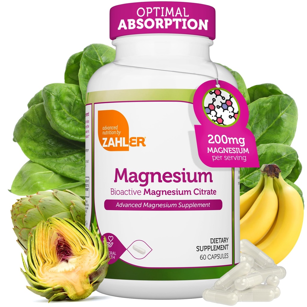 Zahler - Magnesium Supplement Kapsler 200 mg (60 tel) Certified Kosher Bioactive Magnesium Citrat for Max Absorpsjon - Naturlig magnesium Mineral for menn og kvinner - Beste magnesium Supplements