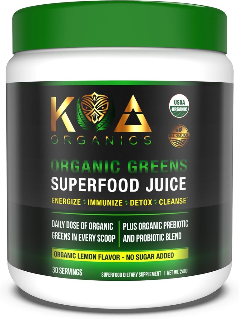Grønne Superfood Juice pulver - USDA Organic Super Greens pulver med med Spirulina, Klorella, Matcha, hvetekorn, Digestive Enzymes & Probiotika - Lemon Flavor -30 ServQ
