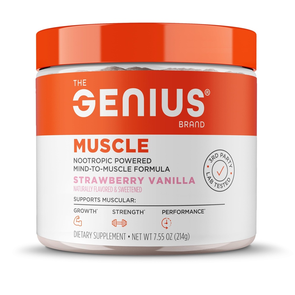 Genius Merke Genius Muskel - Muskel Helse Supplement for vekst, utholdenhet og gjenoppretting - Ikke-Hormonal Formula - 6 Organiske Muskler - Naturlig-Sweeted - 30 Serveringer - Jordbær Vanilla