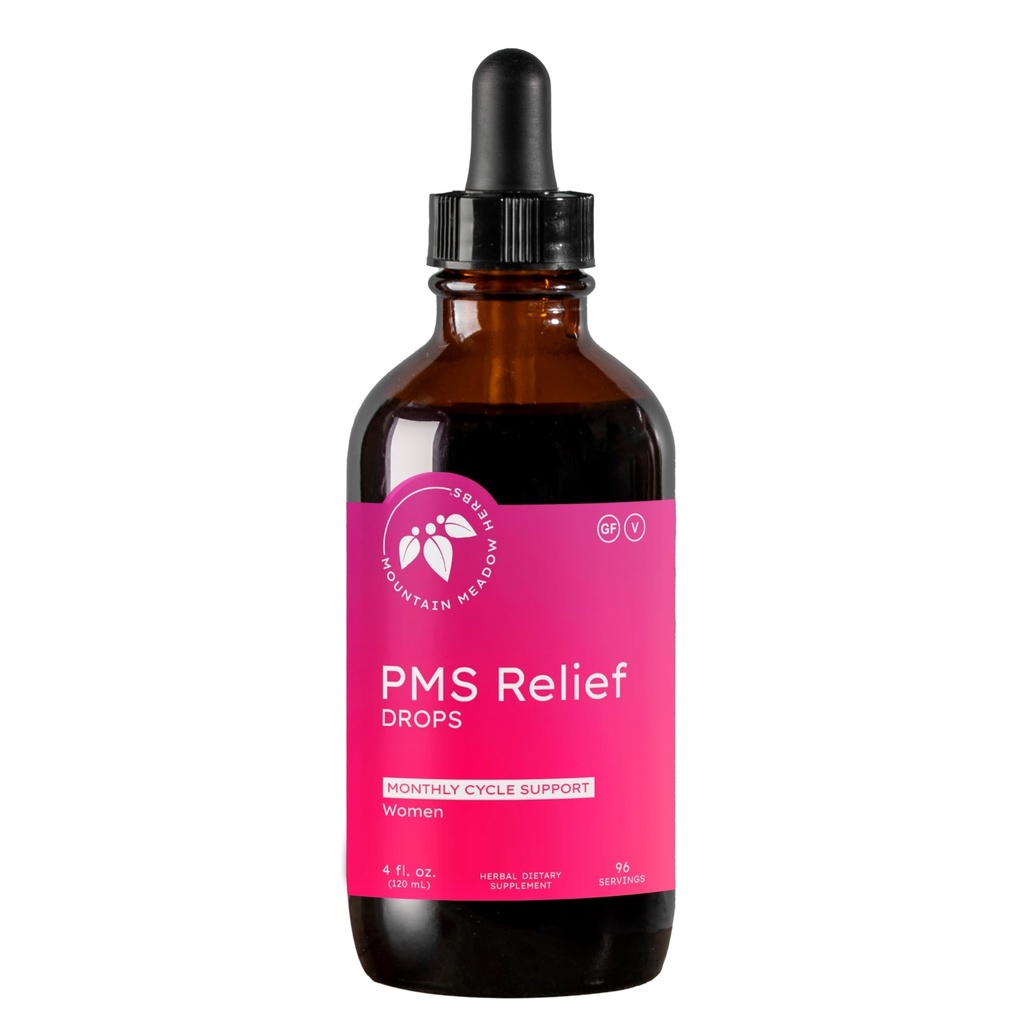 Fjell Meadow Urter PMS Relief Dråber ® Flytende Herbal Supplement for Menstruell Periode Diskomfort | Hormonell støtte for PMS Cramps, Mood Swings & Acne med Chaste Tree Berry (Vitex) & Wild Yam 4oz