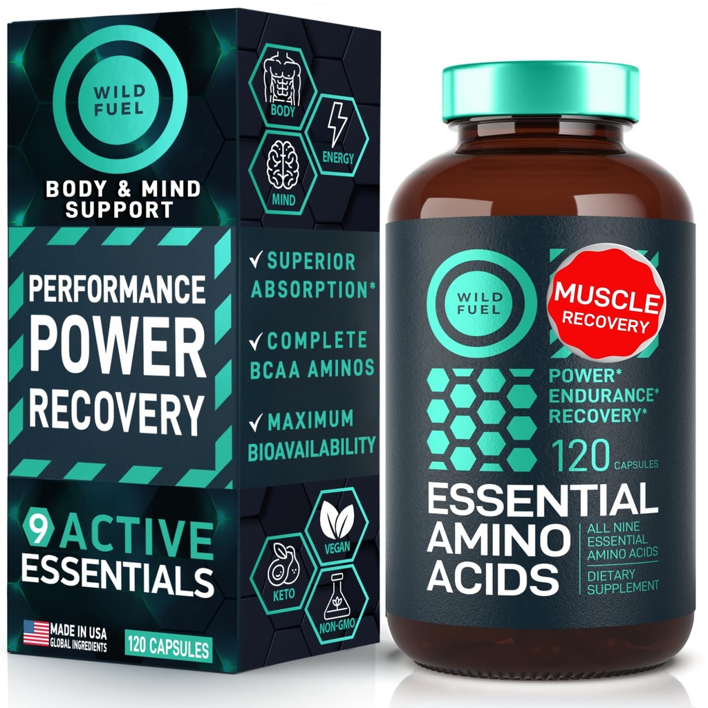 Essentielle Aminosyrer Supplement - Alle 9 EAS med BCAA Aminosyrer (Leucine, Lysin, Valine, Threonine) - 3000mg Per Serving - Muskelvekst, Power, Recovery - 120 Vegan, Koffein gratis kapsler