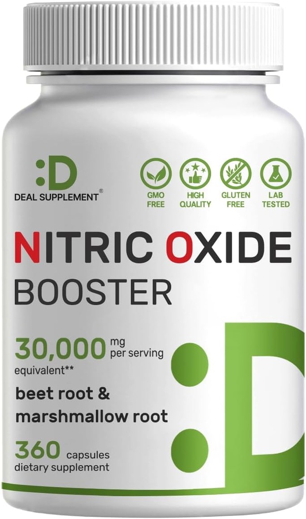 DEAL SupplyMENT Nitric Oxid Booster 30.000mg Ekvivalent, 360 kapsler - Naturlig Beet Root & Marshmallow Root Herbal Blanding - fremmer næringsstoff flyt til muskler og hjerte - Ikke-GMO