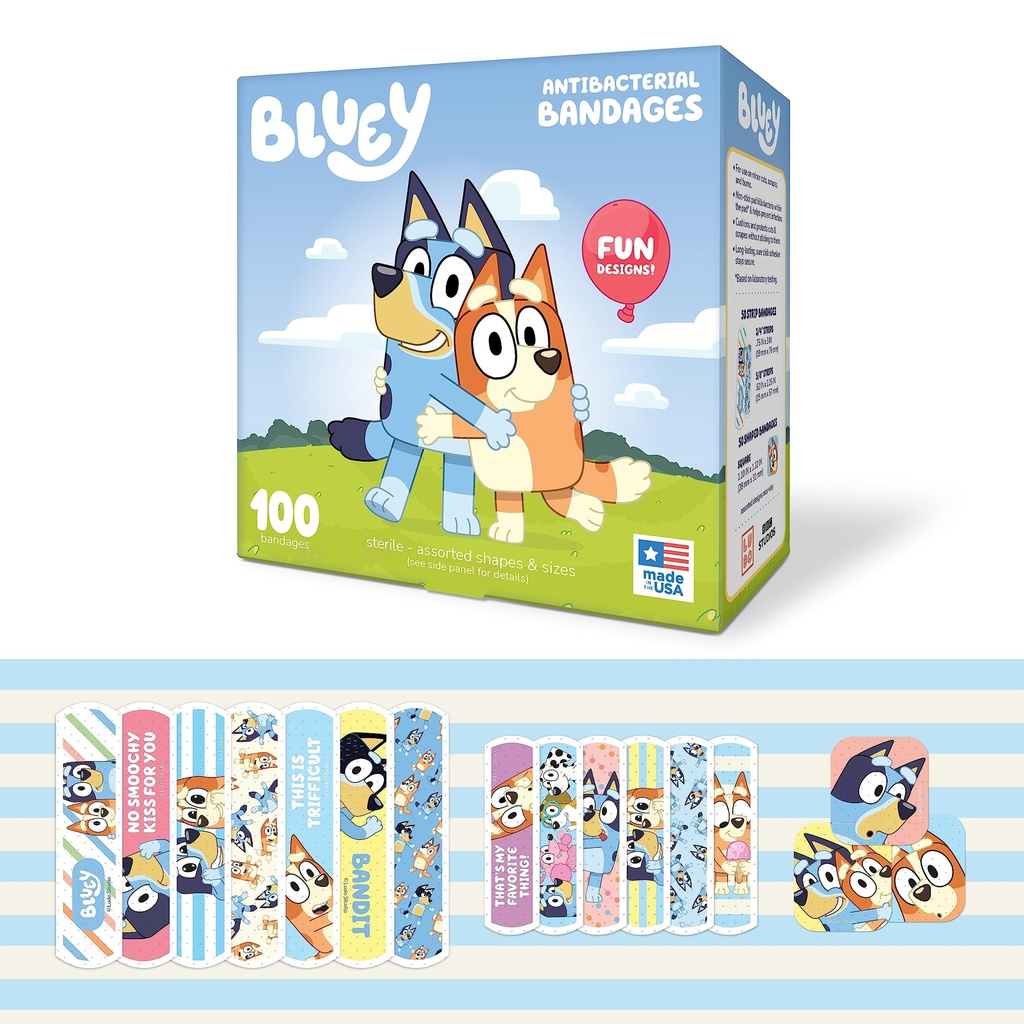 Bluey Kids Bandages, 3 Assorterte størrelser 100 CT | Wear som klistremerker, fleksible klesmerke bandages for mindre kutt, Scrapes, og brenner. Flott gave ide og strømper