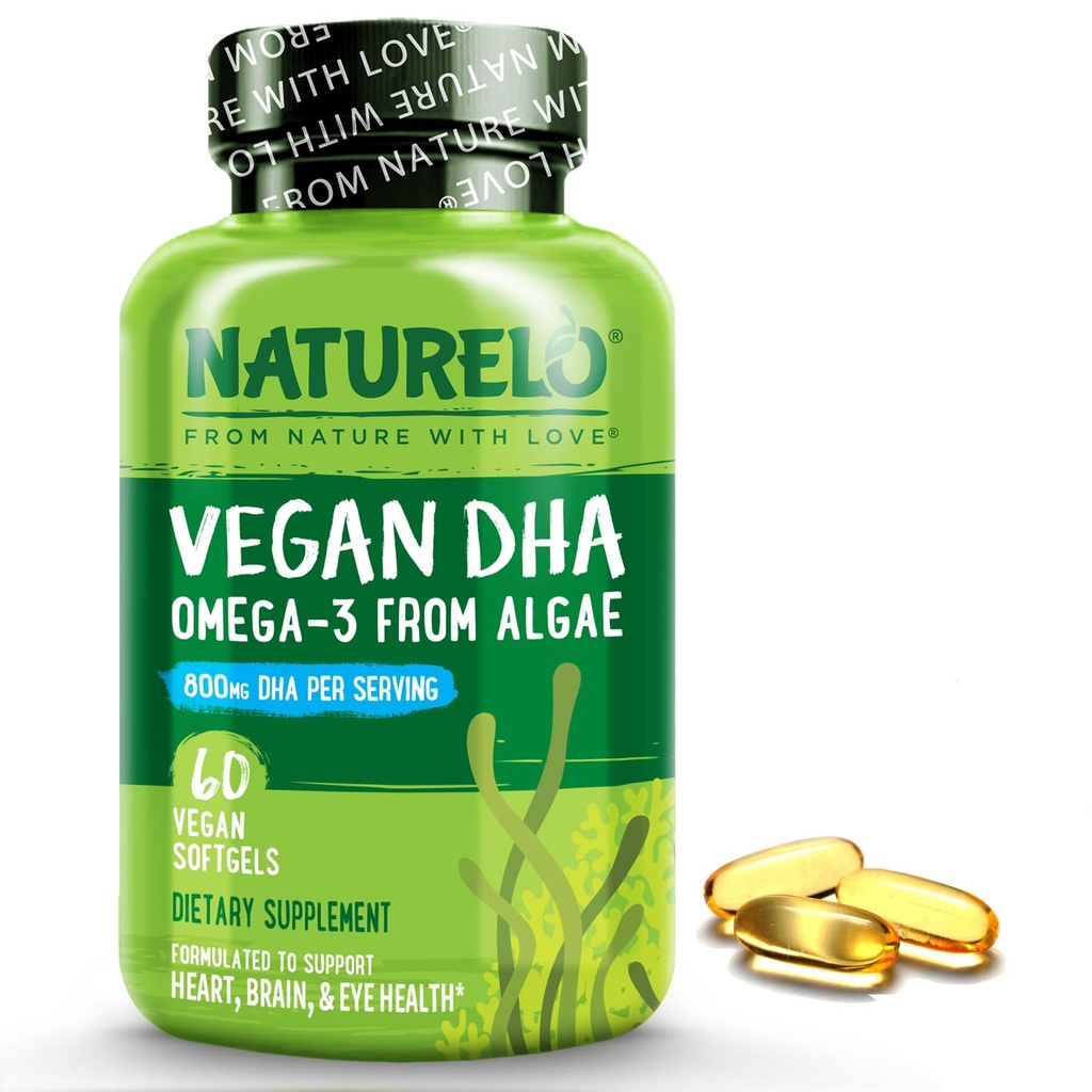 NATURELO Vegan DHA - Omega 3 olje fra Algae - Supplement for hjerne, hjerte, felles, øye helse - gir essensielle fettsyrer for kvinner, menn og barn - Komplements Prenatal vitaminer - 60 Softgels