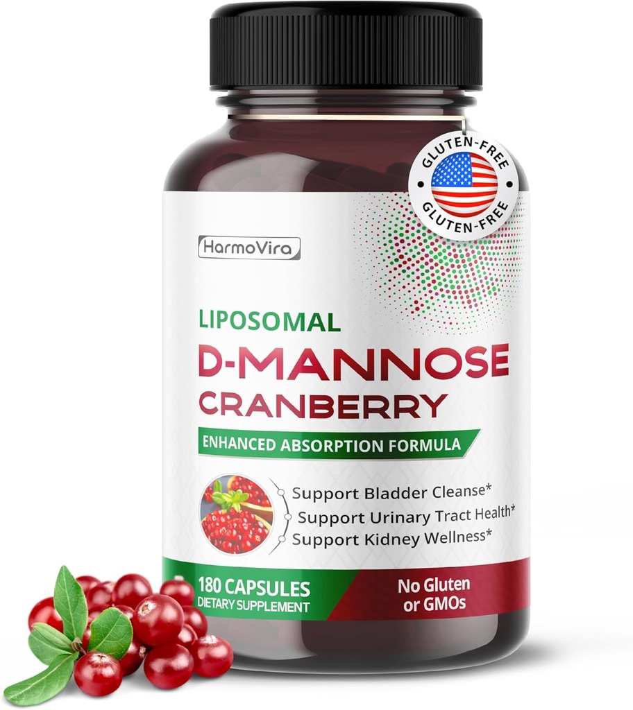 Liposomal D-Mannose Cranberry Supplement – 180 kapsler | Uva Ursi, Hibiscus, Svart Pepper | Forbedret absorpsjon formel | Ikke-GMO, Glutenfri