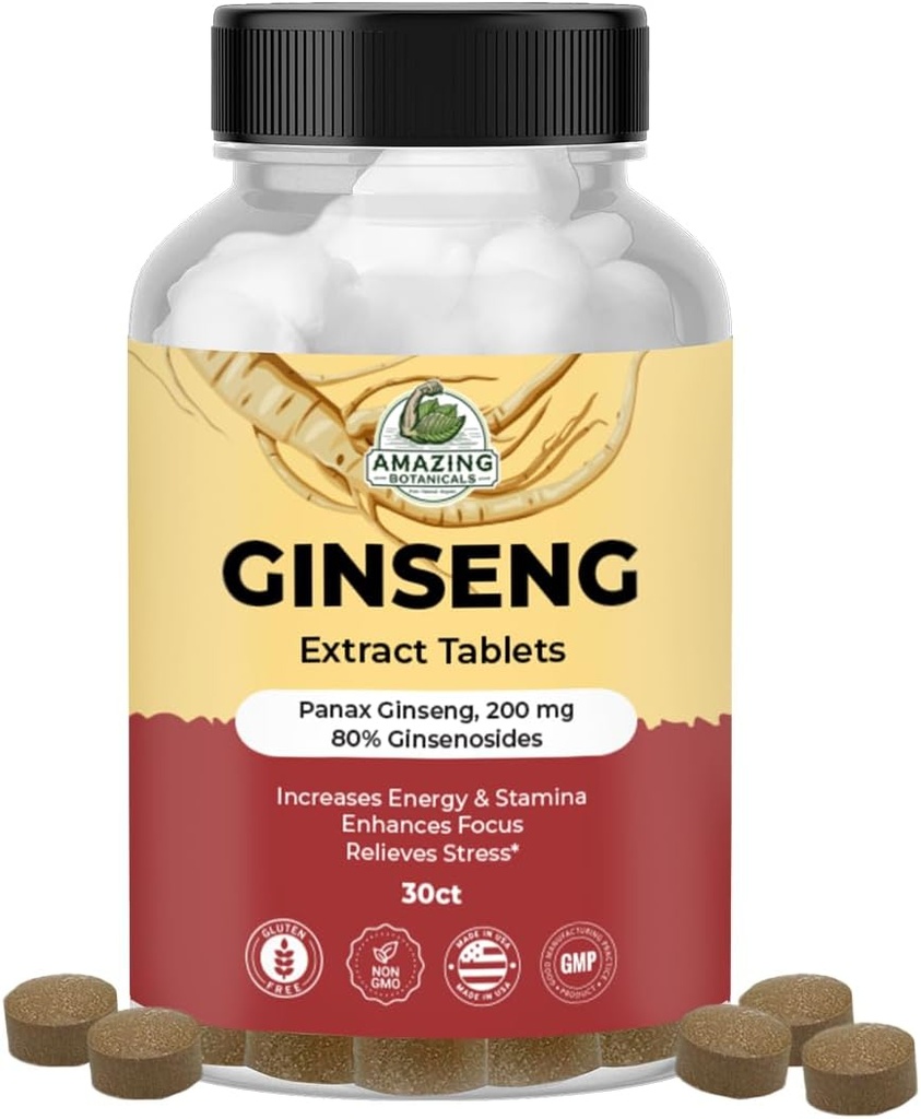 Amazing Botanicals Panax Ginseng Extract Tabletter - 200mg Høyt Potent 80% Ginsenosides for energi og avslapping - Naturlig Herbal Supplement for Kognitiv Booster - 30 Tabletter