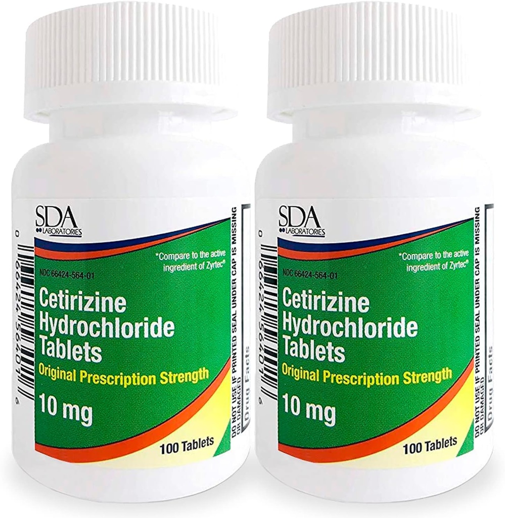 SDA LABORATORIES Hele dagen 24-timers allergi medisin 100 telle antihistaminer for allergier, pollen, Hay feber, tørr, kløende øyne | Cetirizine HCl 10mg tabletter (pakke med 2)