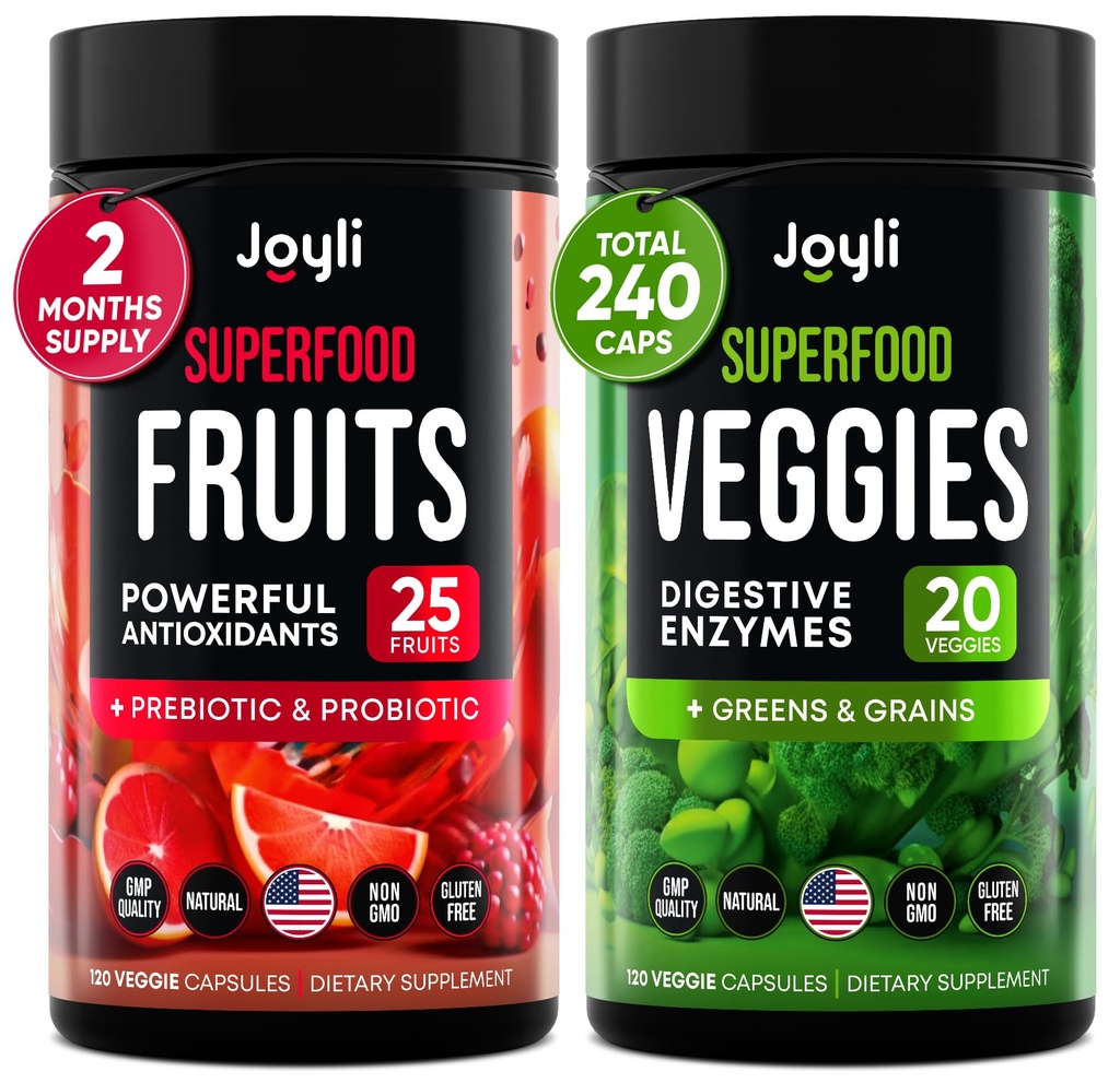 Frukt og grønnsaker Supplement - høy fiber Supplement for immunitet, Gut & energi - Super Røde & Super Grønn Kosttilskudd med Marshmallow Root - 240 Røde og Super Greens pulver Superfood Kapsler