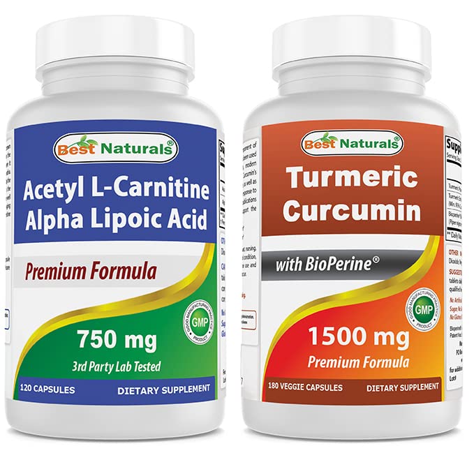 Beste Naturals Acetyl L-karnitin og Alfa Lipoic Acid 750 mg og gurkemeie curcumin 1500mg/Serving med Bioperine