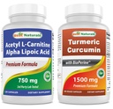 Beste Naturals Acetyl L-karnitin og Alfa Lipoic Acid 750 mg og gurkemeie curcumin 1500mg/Serving med Bioperine