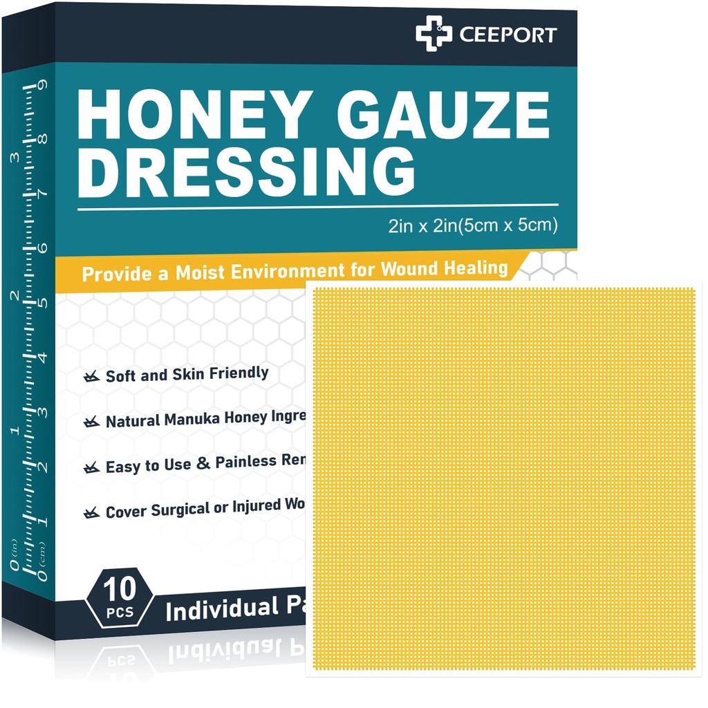 Manuka Honning Gauze Sår Dressing 2" x 2",10 Pack Manuka Honning Sår Care Pads, Medisinsk klasse Honning Bandages for sår Care, Honning Patch for raskere healing fra Burns,Abrasions, Cuts og Scalds
