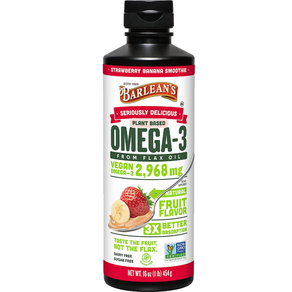 Barlean's Vegan Omega 3 6 9 Flaksfrø oljevæske Supplement, Strawberry Banana Smoothie, Flaksfrø Olje med 2.968 mg ALA fettsyre, ikke-GMO og Glutenfri, 16 oz