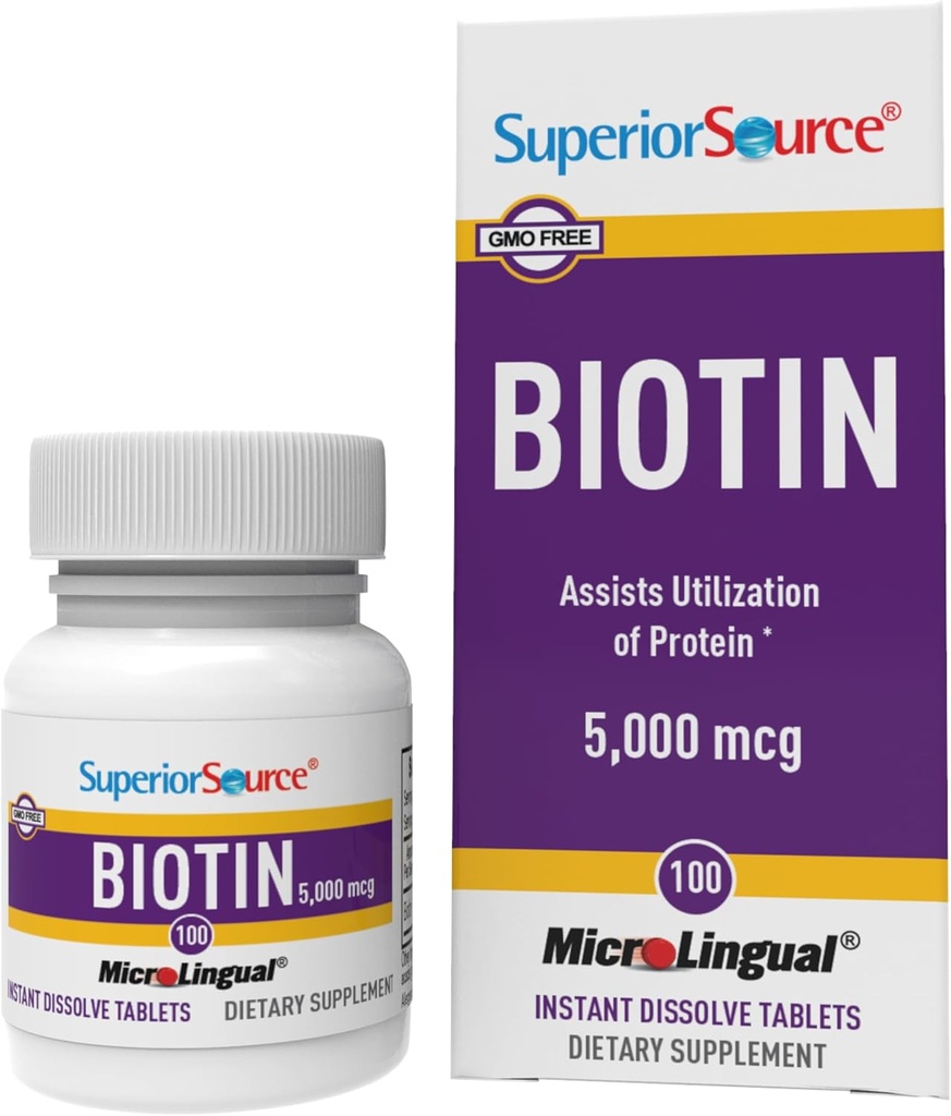 Superior kilde Biotin 5000 mcg. Under tungen rask oppløse mikroLingual tabletter, 100 teller, støtter sunn hår, hud og neglevekst, hjelper støtte energimetabolisme, ikke-GMO