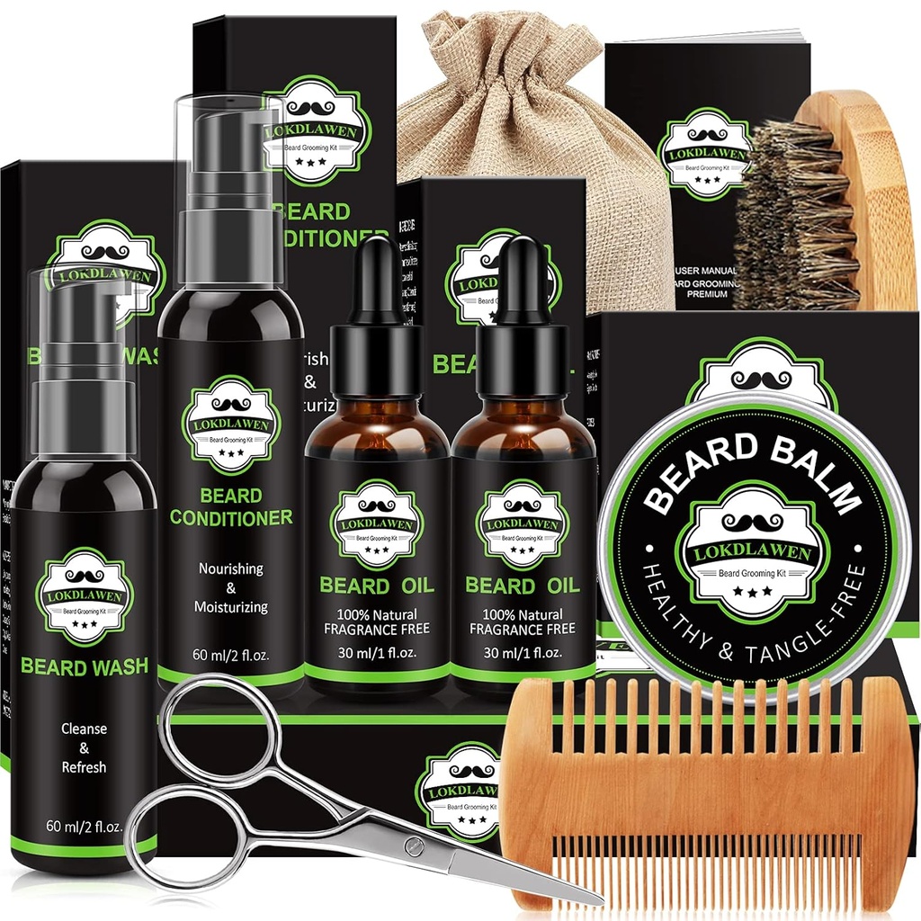 Skjeggsett for menn med skjeggvask, Beard Conditioner, Skjeggolje, Skjegg Balm, Børste, Comb, Saksors, Oppbevaringspose, Gaver til menn far ektemann
