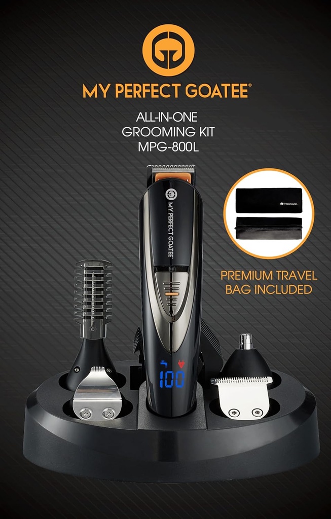 My Perfect Goatee®️ 13-i-1 Mens Grooming Kit - LED skjerm Beard Trimming Kit med reisepose, ladestativ og mer - Vanntett, trådløs elektrisk trimmer for nese, kropp og mer - Ideell gavesett