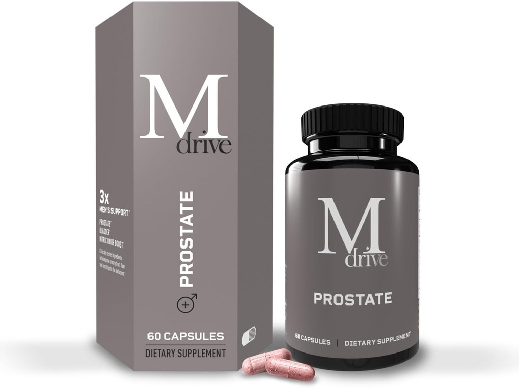 Mdrive Prostate Prostate Support Supplement for menns helse, fremmer urinveistrakt helse, støtter normal flyt, frekvens og bladder tømming, Flowens Cranberry Extract, S7 N.O. Booster, 60 kapsler