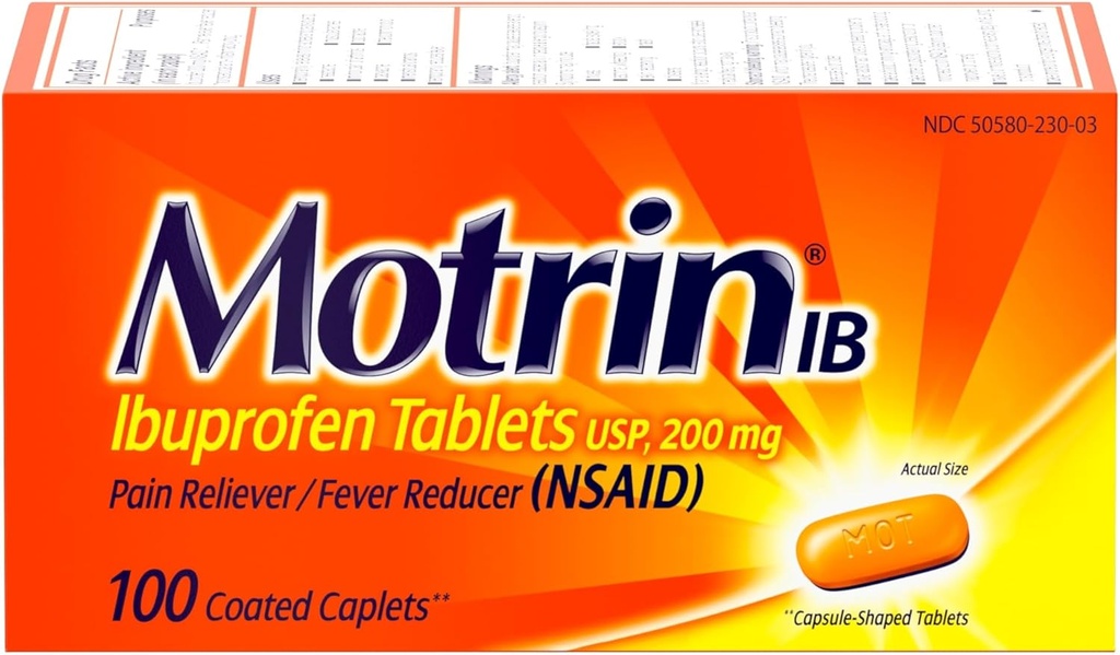 Motrin IB, Ibuprofen 200 mg tabletter, smertestillende og feber reduserer for muskulære smerter, hodepine, ryggsmerter, Menstrual Cramps & Minor Arthritis Smerte, NSAID, 100 Ct
