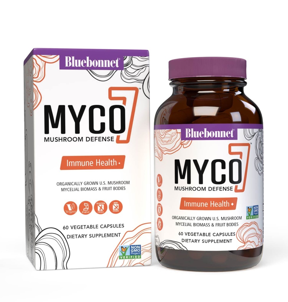 BlueBonnet Nutrition Myco-7 Mushroom Defense - 7 organisk dyrket amerikansk hele, full-cycle moskrooms - for immun og velvære - soya-fri, glutenfri, ikke-GMO, Kosher og Vegan - 60 Grønnsaker Kapsler