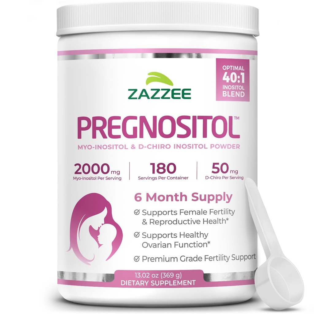Zazzee PREGNOSITOL Powder, 6 måneders forsyning, Myo-Inositol og D-Chiro-Inositol 40:1 Fertilitetsblanding, Free Scoop for eksakt dosering, premiumbalansert formel, 183 serveringer, vegansk, all-naturlig og ikke-GMO