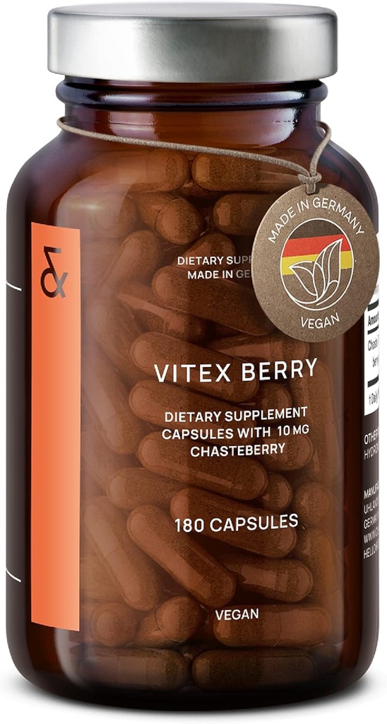 Vitex Berry - Premium Chasteberry 4:1 ekstrakt (Vitex Agnus Castus) - Menopause & PMS støtte - Hormon Balance for kvinner - 180 kapsler - 6 måneders forsyning - laget i Tyskland