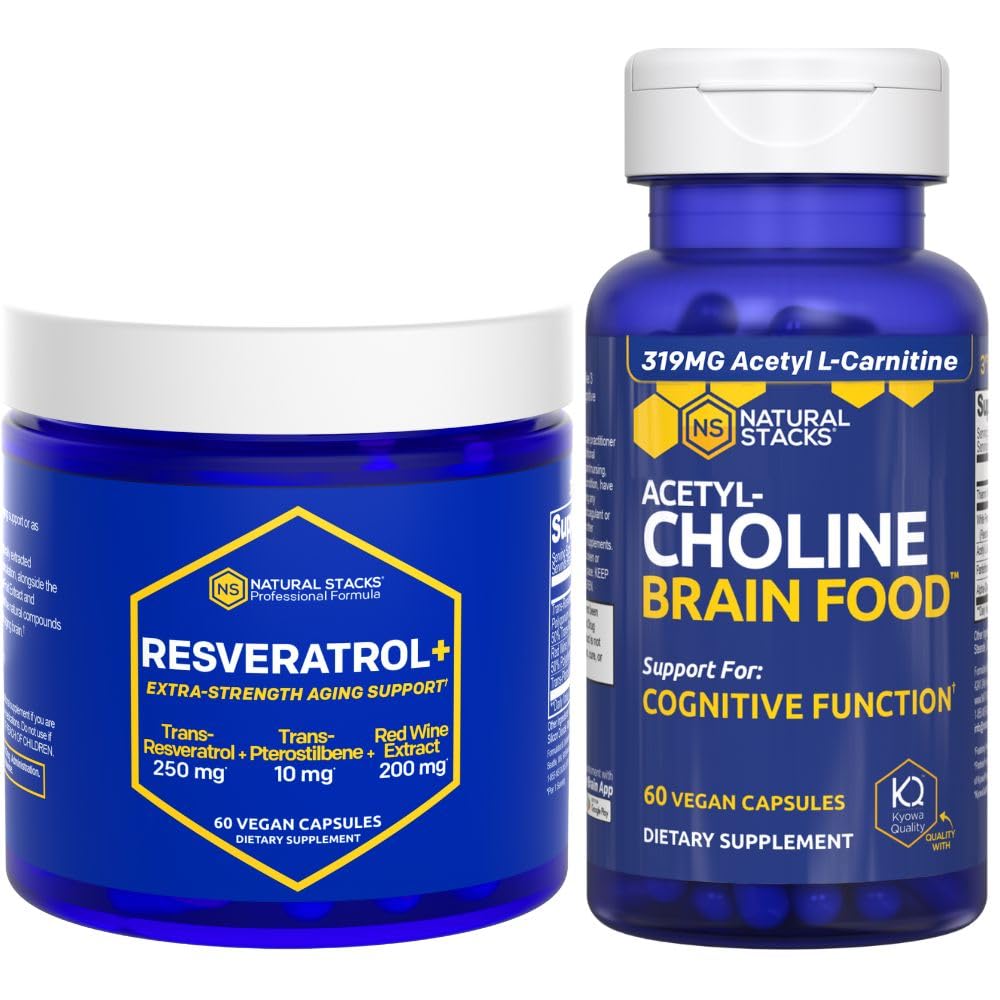 NATURAL STACKS Acetylcholine Brain Food + Resveratrol Supplement Bundle - støtter kognitiv funksjon og hjerne aldring * - 120 Totale kapsler