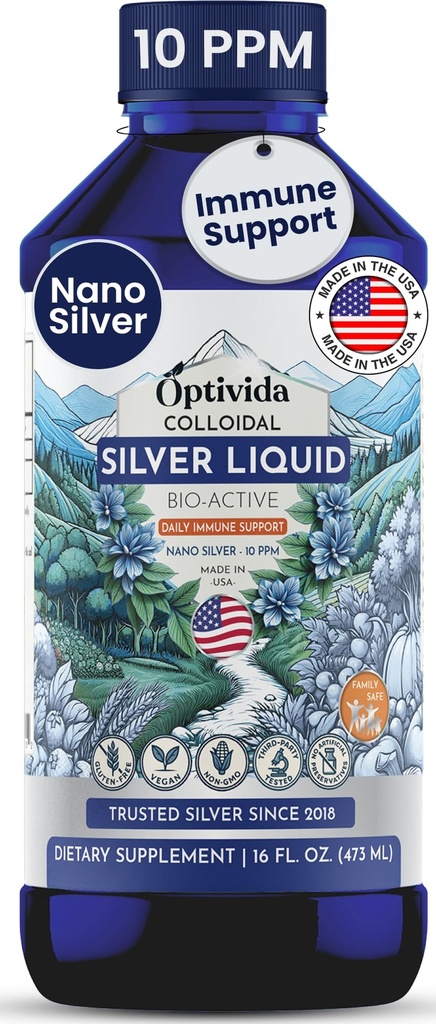 Optivida Health Nano Colloidal Silver Liquid (1 LB) – Immunstøtte Supplement med sølvhydrosol, væske for immunstøtte, koloidalt sølv for immunsystemet, 10 PPM.