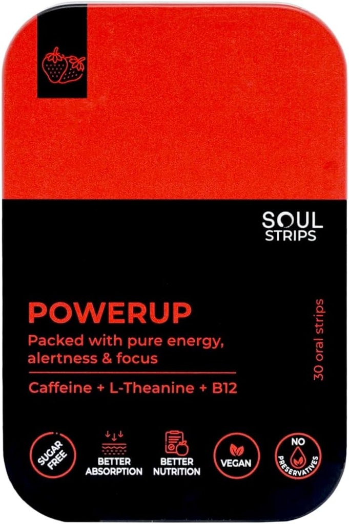 Soul Strips Power Up - Trening + Energi Oral Strips med koffein, L-Theanine, Vitamin B12, Jordbær Flavor, Forbedrer Metabolisme, Rask absorb, Daglig bruk, Null sukker, Vegan, 30 Strips Pack