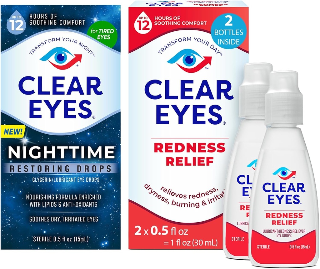 Bundle av klare øyne natttid gjenopprette øyne dråper, natt lindring tørr øye dråper, 0.5 Floz + klare øyne rødhet relief øye dråper, 0,5 oz, dobbelt pakke
