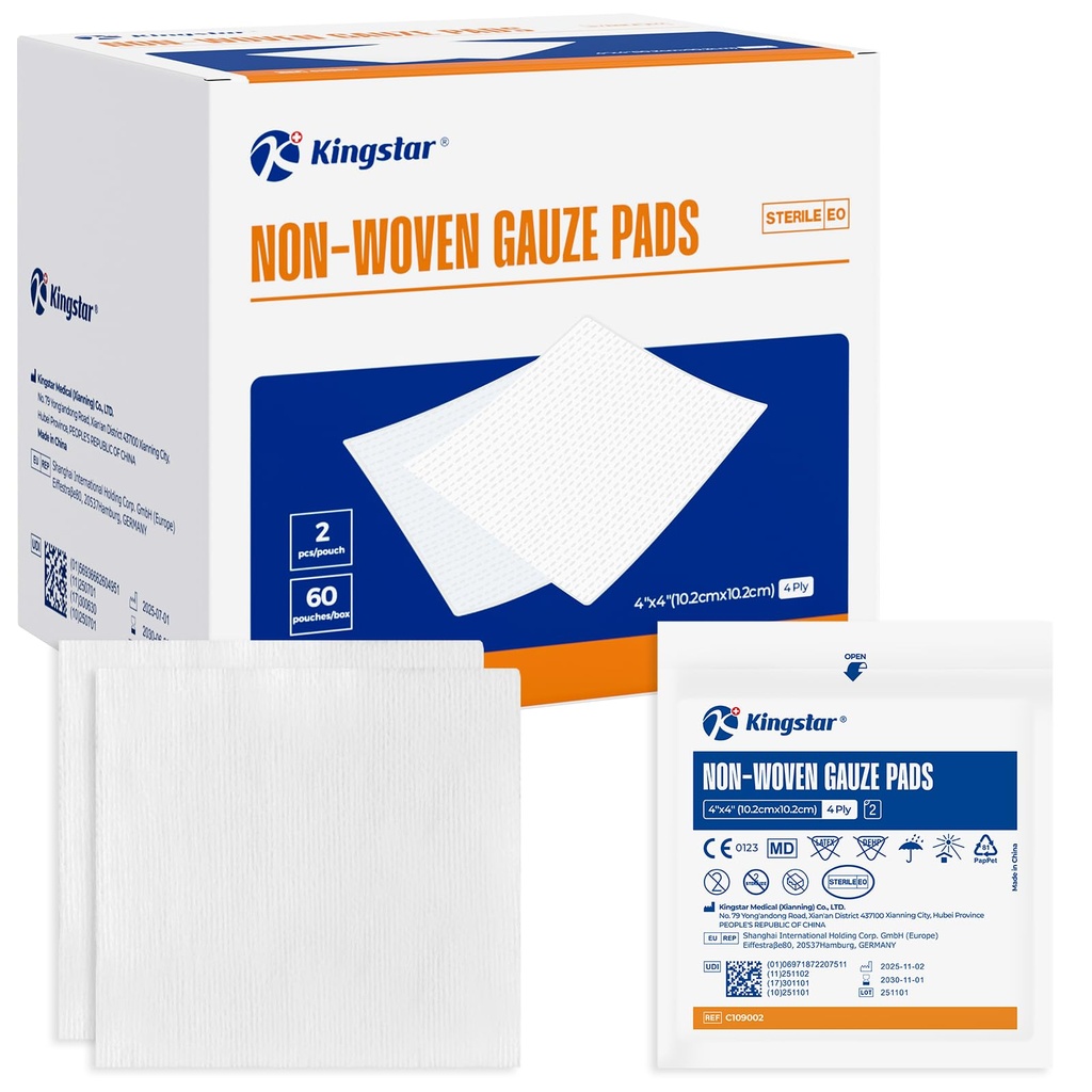 Kingstar Sterile Nonwoven Gauze Pads, 4"x 4" sårkjoler, 60 Packs - 120 Pieces Superior Mykt Sponge Pads, høyere Absorbent Gauze Kompresser for Trauma eller Post-Operativ sårpleie