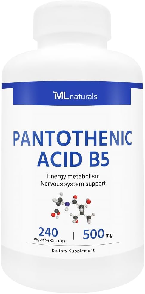 ML Naturals Pantotensyre B5 240 grønnsaker kapsler. Energimetabolisme, nevrologiske systemstøtte, NSF-sertifisert og cGMP-komplisert