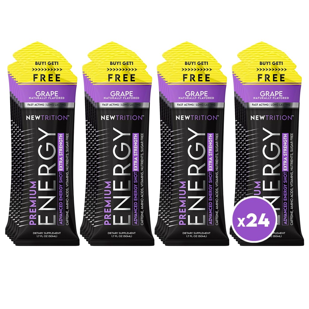 NewTrition® Extra styrke Energy Shots, 250 mg koffein energi Shots med vitamin B & Aminosyrer, sukkerfri vitamin energi Shot, 1,7 fl oz (pakke med 24 korn)