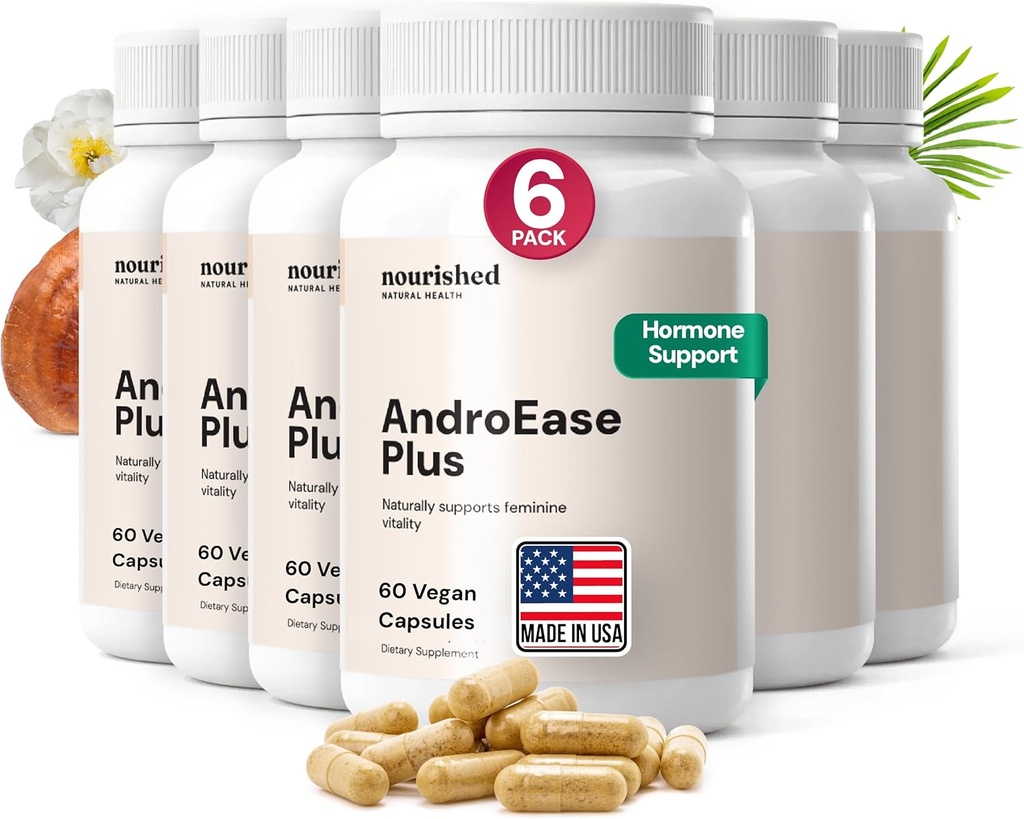 Nourished AndroEase Plus for kvinners helse - sink, Reishi, grønn te og så Palmetto for kvinner - for energi, vitalitet, ansiktshår og daglig velvære - 360 kapsler, laget i USA