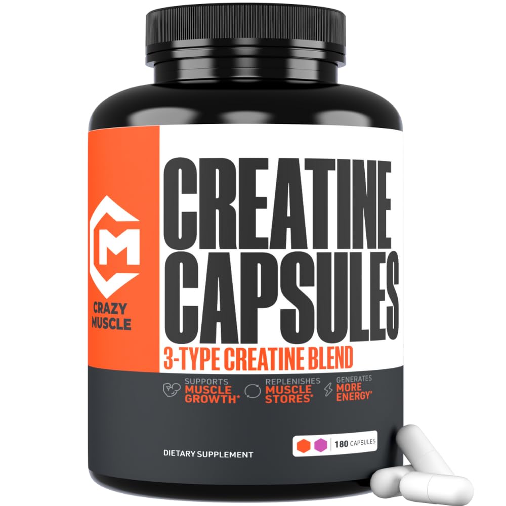 Kreatin Capsules, 5g Premium 3X treatin pre trening bulk muskel masse gevinster, høy absorpsjon lett å ta kreatin monohydrat piller alternativ optimal ytelse for menn kvinner, 180 kapsler