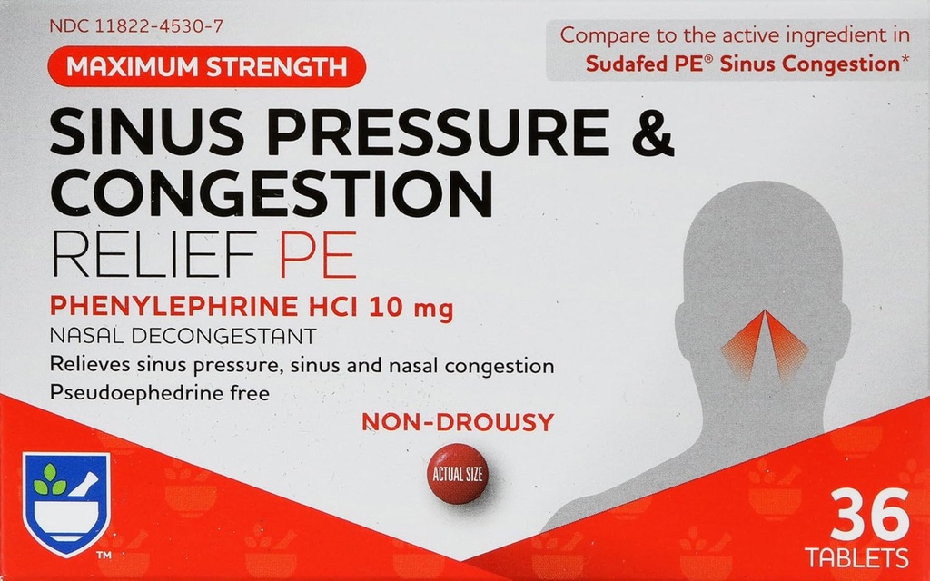 Rite Aid Sinus trykk og kongessjon ikke-Drowsy Relief PE, 10mg - 36 Tabletter Nasal Decongestant | Sinus Relief | Allergy Medisin Non Drowsy | Allergy Relief | Sinus Pressure Relief