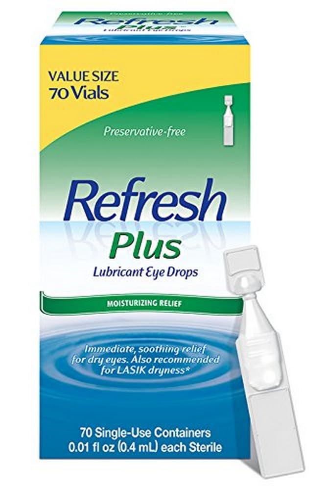 Oppfriskende Plus Lubricant øyedråper For tørre øyne, Preservativ-fri, Verdistørrelse, 0,01 Fl Oz enkeltbruksbeholdere, 70 Telling