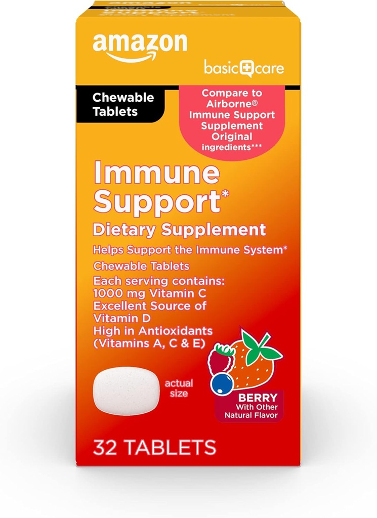 Basic Care - Immune Support Supplement, Berry Chew Tabletter, utmerket kilde til kroppens essensielle solskinn vitamin D, 32 Telling