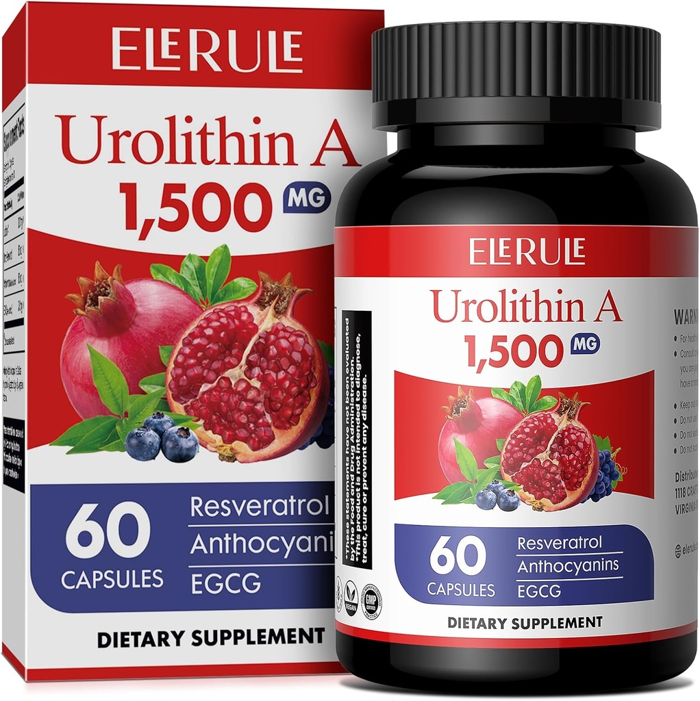 Urolitin A Supplement 1000 mg Plus Trans-Resveratrol, Anthocyanins, Grønn Te,Bedre sunn aldring, Støtter Cellular og energi for menn og kvinner, 60 kapsler
